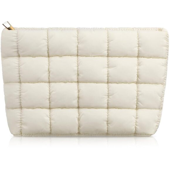 Puffy Quilted Checkered White Travel Cosmetic, Toiletry, Makeup Bag New - Picture 1 of 11